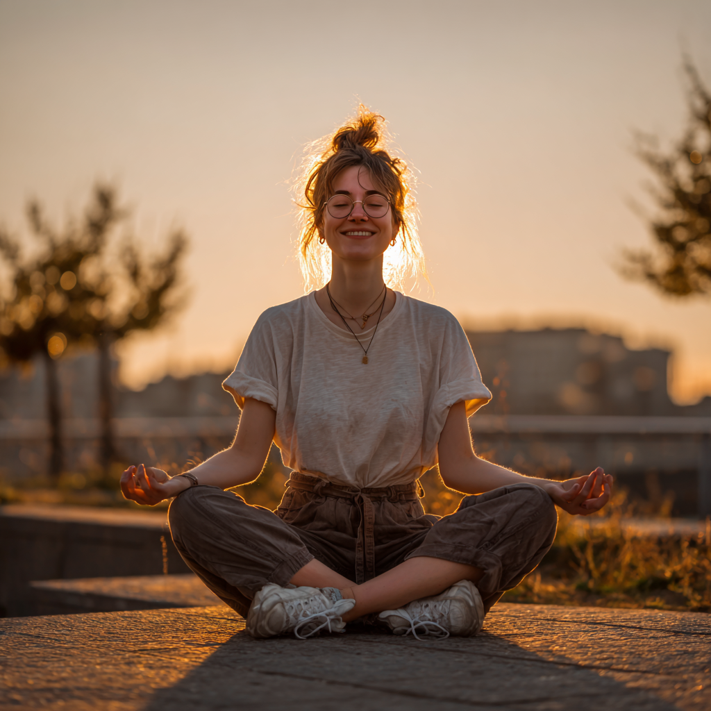 Bărbat de vârstă mijlocie de origine română practicând exerciții de respirație yoga, cu ochii închiși și expresie liniștită, în poziție meditativă