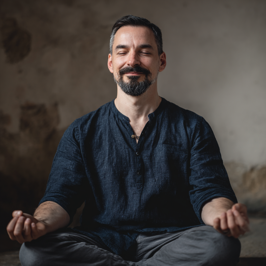Femeie în vârstă de origine română zâmbind radiantly după o sesiune de yoga, ținând o sticlă de apă și un prosop, într-un cadru natural relaxant